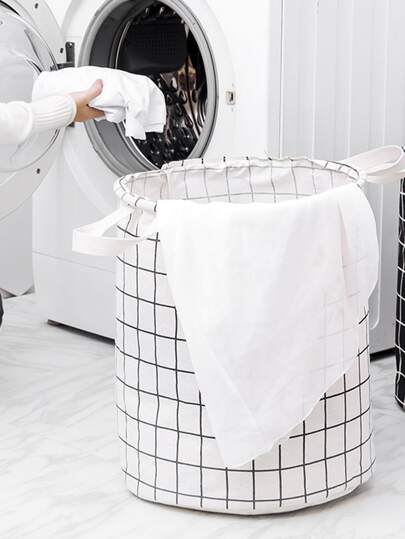 Checks Printed Laundry Basket White